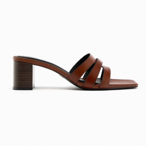 NWT. Zara Brown Leather Block Heel Mules. Size 6. - Picture 1 of 10